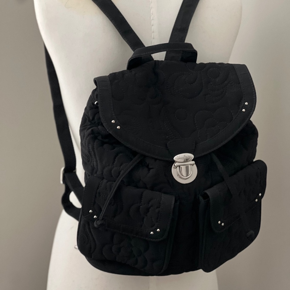 Vera Bradley Backpack Black Quilted with Drawstring and Flap Closure 14”